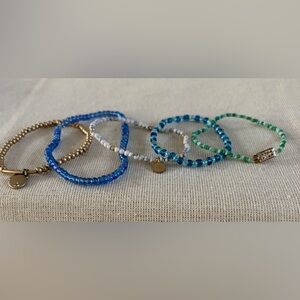 Five Beaded Stretch Bracelet Stack with Gold Accents - Blue, Green, White